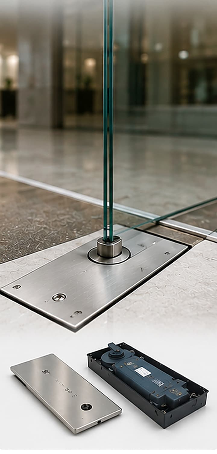 Floor spring hardware at the base of a frameless glass door