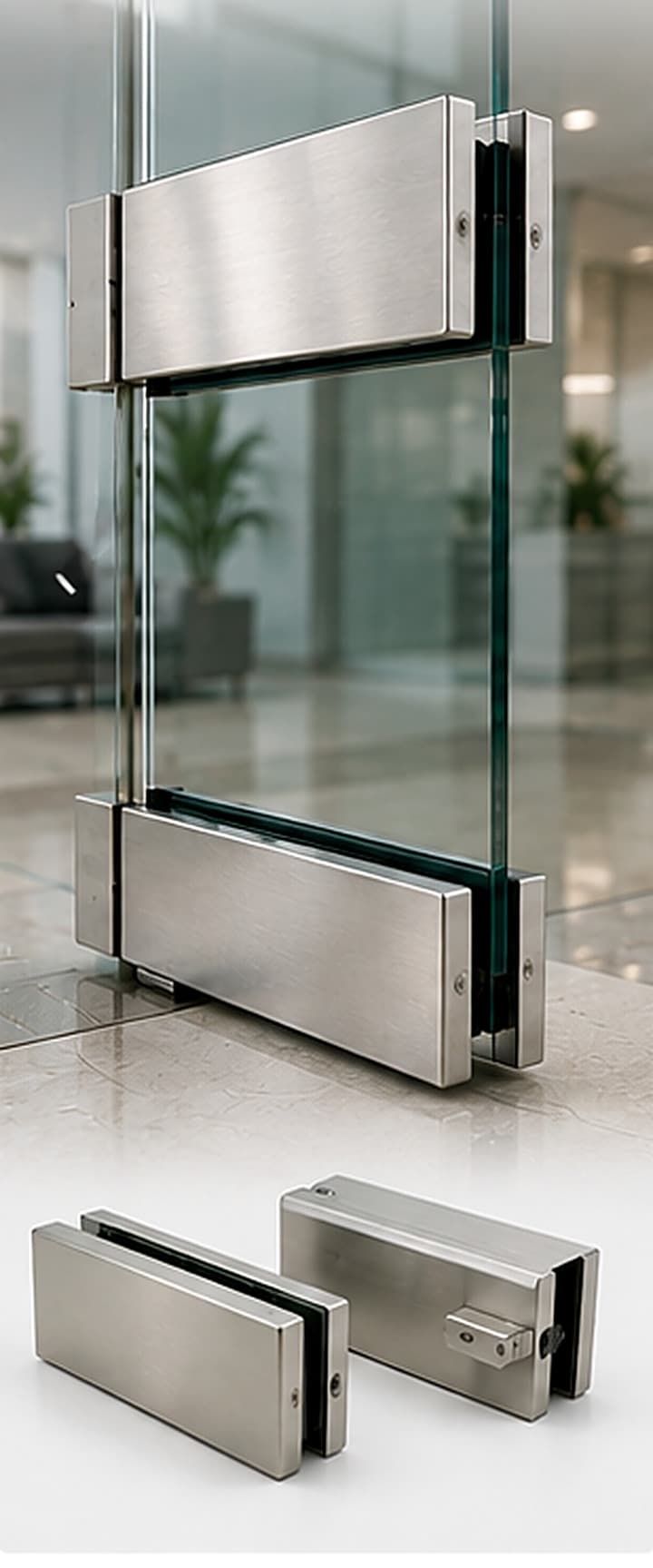Patch fitting installed on a frameless glass door