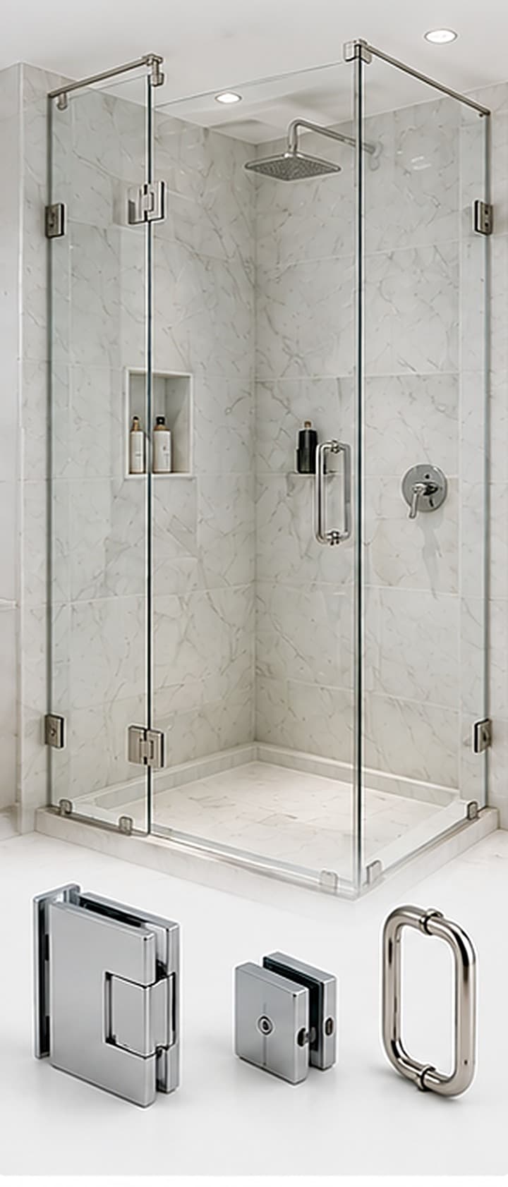 Frameless glass shower enclosure in a marble bathroom