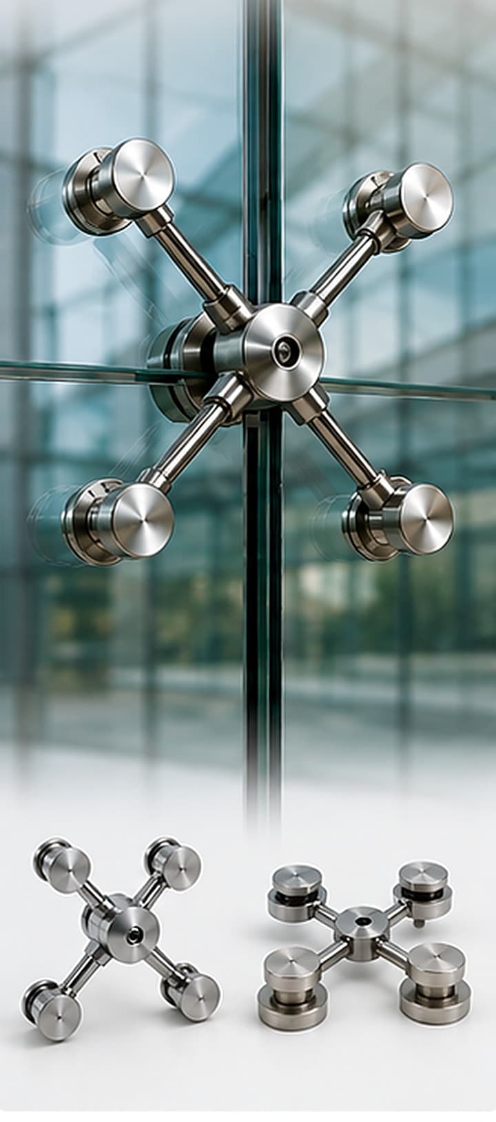 Stainless steel spider fitting on a structural glass facade