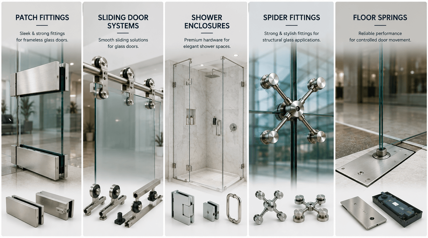 Architectural glass hardware categories — patch fittings, sliding door systems, shower enclosures, spider fittings and floor springs